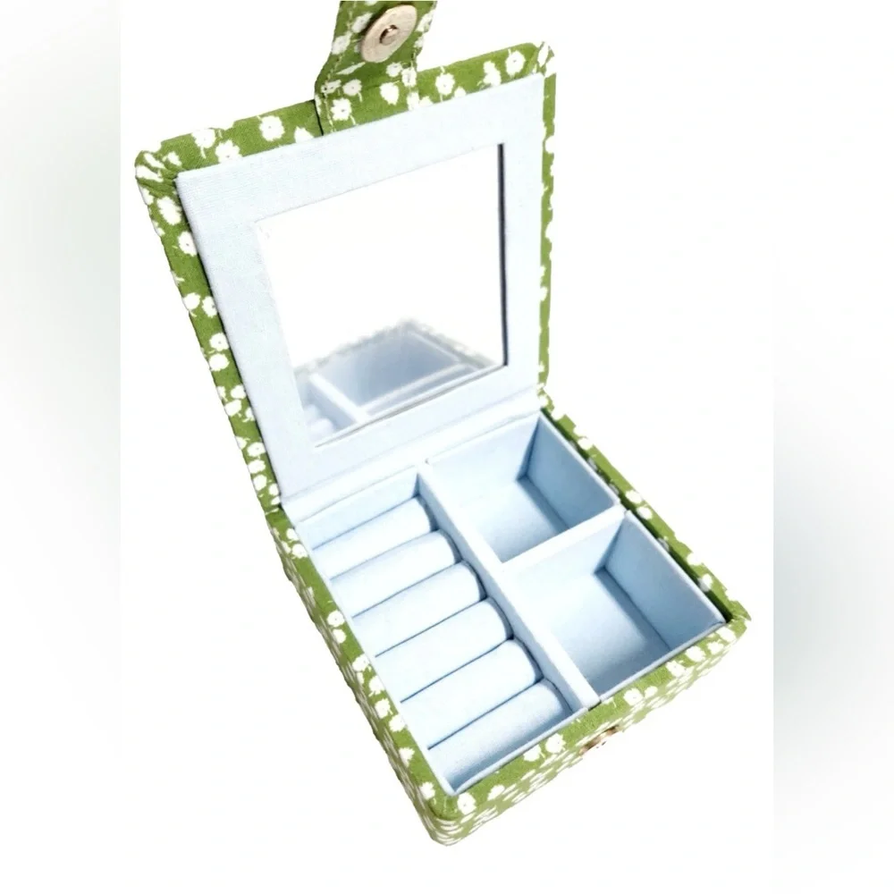Anthropologie Cosette Floral Jewelry Box Green Botanical Small with Mirror